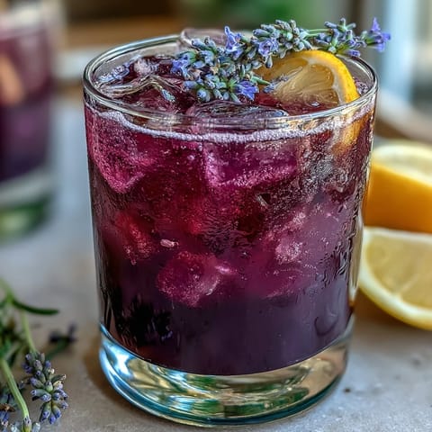 Refreshing purple lemonade with lavender, lemon slices, and ice, offering a vibrant floral citrus drink perfect for summer gatherings.