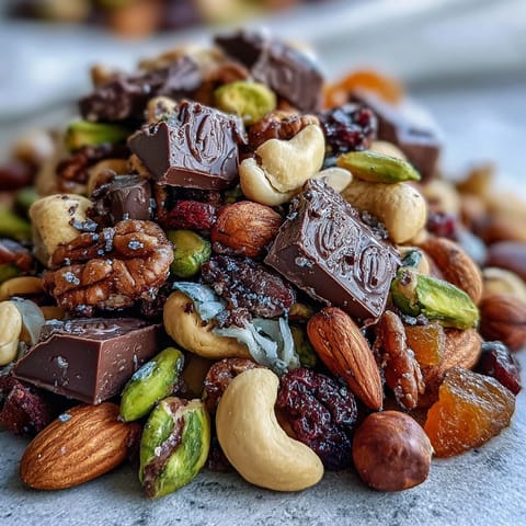 Homemade trail mix with dark chocolate features crunchy almonds, cashews, and chewy dried fruits for a perfect beach snack.