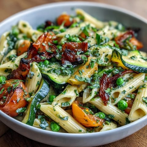 Vibrant spring pasta primavera with fresh vegetables in a light herby sauce, topped with Parmesan cheese.