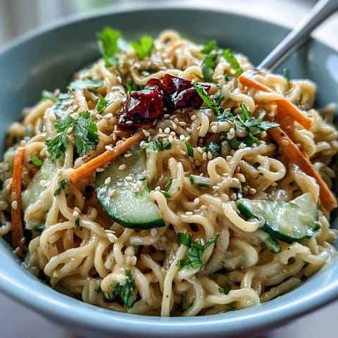 Cold sesame noodle bowl with cucumber, vibrant veggies, and creamy sesame sauce, garnished with fresh herbs and chili slices.