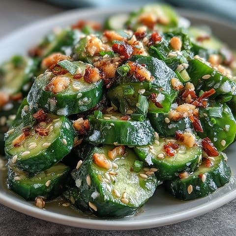 Juicy Smashed Cucumber Salad, glistening with chili oil, perfect as a refreshing side dish.