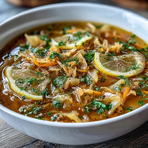 Vibrant Spring Detox Cabbage Soup with lemon, ginger, garnished with fresh parsley.
