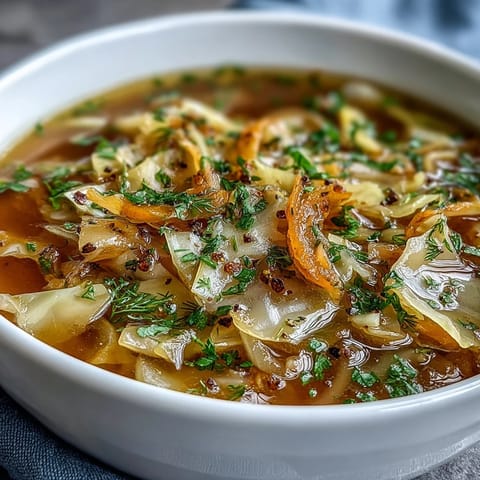 Steaming bowl of healthy Spring Detox Cabbage Soup, glistening with turmeric and lemon essence.
