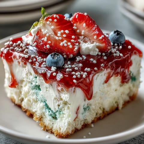 Festive Memorial Day Red White Blue Poke Cake with creamy topping and sprinkles.