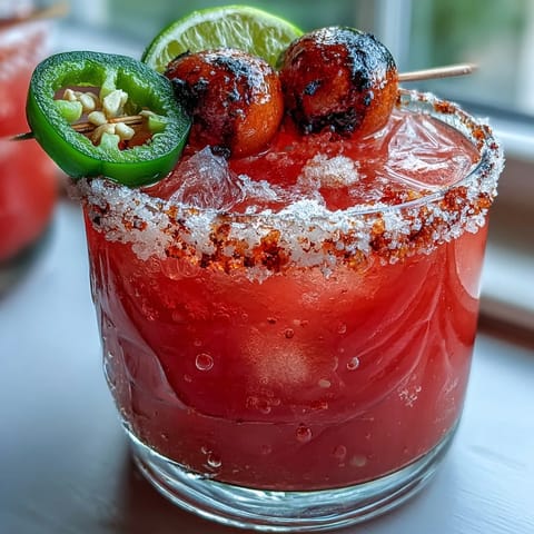 A vibrant Cinco de Mayo Watermelon Jalapeño Margarita Mocktail with a salty rim.