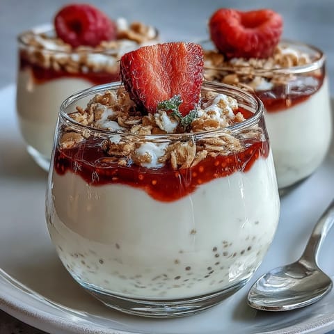 Luscious Lemon Chia Parfait showcasing creamy pudding, red berries, and toasted oats.