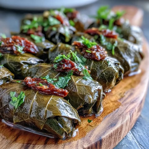 Tender Kurdish Dolma, plump stuffed grape leaves, glistening with olive oil, ready to enjoy.