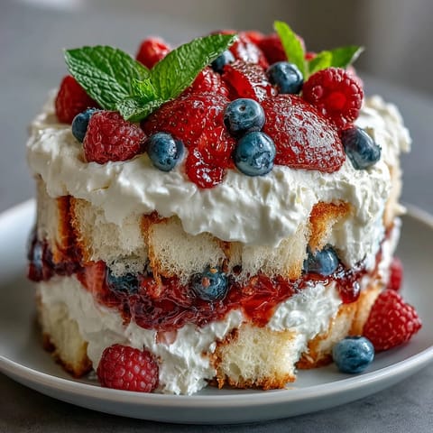 Festive berry and angel food cake trifle, ready for your patriotic dessert table.