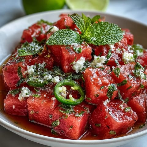 Juicy watermelon chili lime salad with fresh mint, perfect for a light, flavorful appetizer.