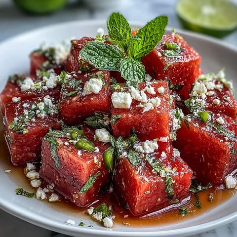 Vibrant watermelon chili lime salad with mint, a cool, spicy, and refreshing summery side dish.