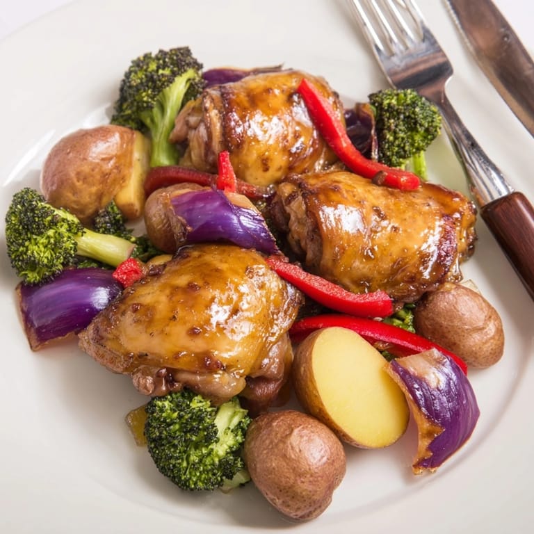 Juicy honey lemon roasted chicken sheet pan dinner surrounded by colorful, caramelized seasonal vegetables.
