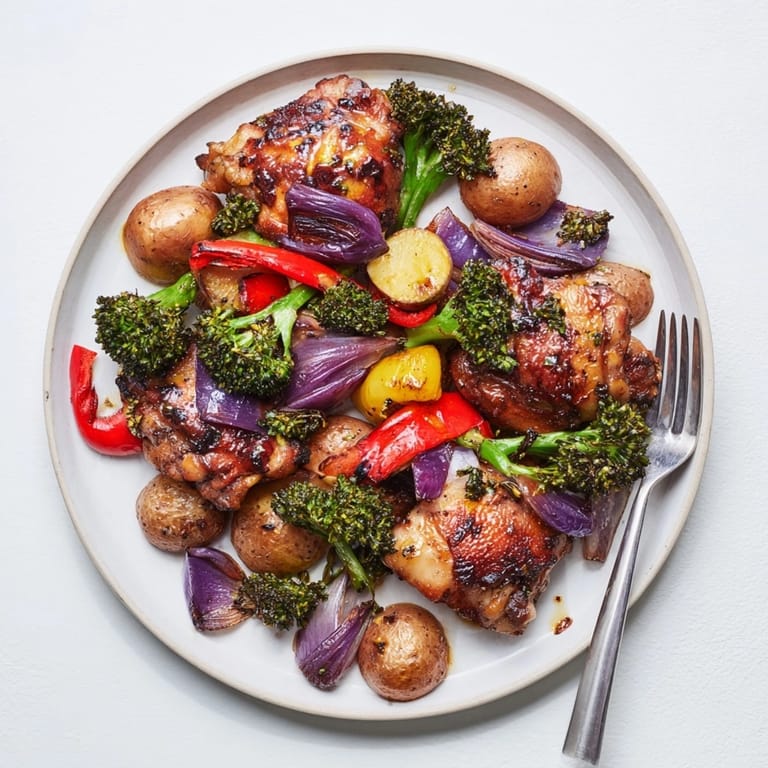 Baked honey lemon roasted chicken sheet pan meal, served hot and garnished with fresh lemon zest.