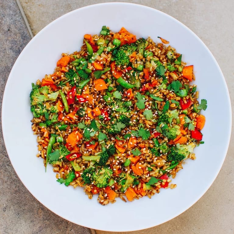 A steaming bowl of Crispy Vegetable Fried Rice, with visible fresh cilantro sprinkled on top.