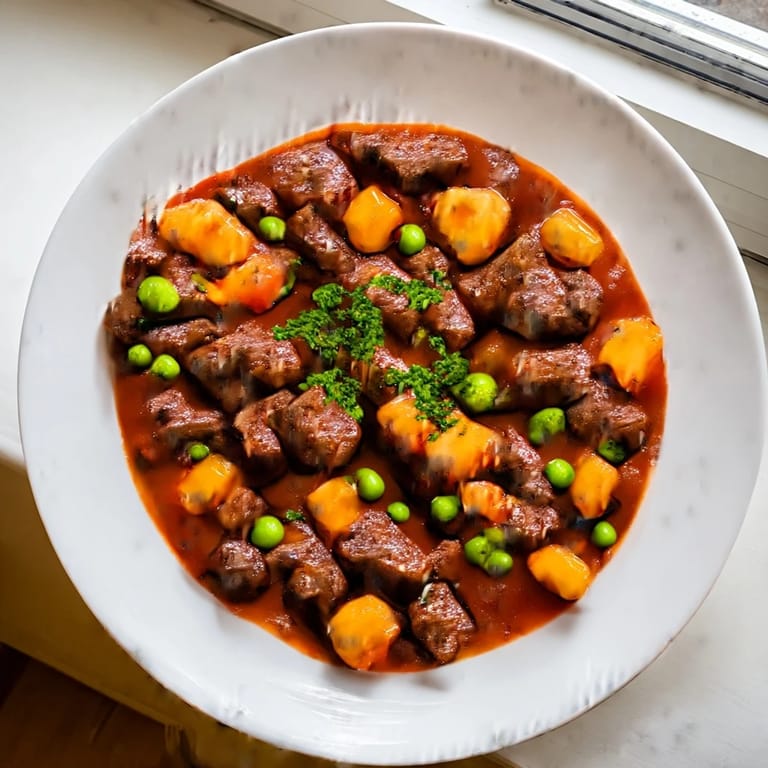 Hearty pressure cooker Beef and Vegetable Stew: see the rich, dark broth and a medley of root vegetables.