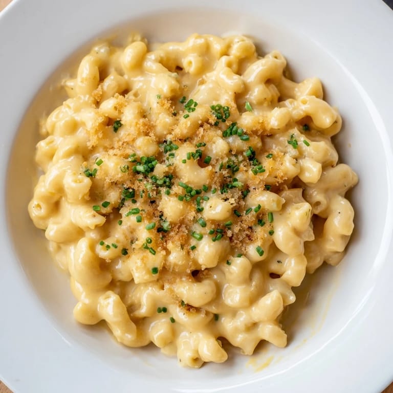 Freshly made stovetop mac and cheese, sprinkled with chives, a classic comfort meal.