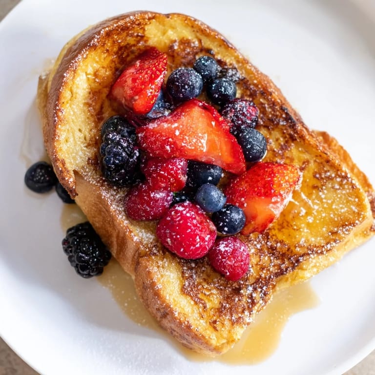 Picture fluffy French toast glistening with maple syrup, piled high with fresh berries.