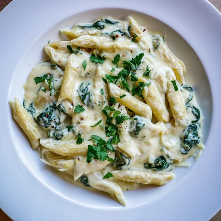 A single serving of The Magic Casserole: Creamy Spinach Pasta with a sprinkle of fresh parsley on top.