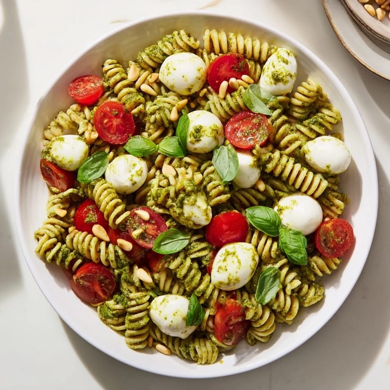 Vibrant cold pasta salad with pesto, creamy mozzarella and ripe cherry tomatoes; a delicious vegetarian meal.