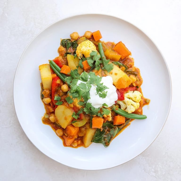 This Waste-Free Vegetarian Curry shows a steaming bowl of curry, served with fluffy white rice and fresh cilantro.