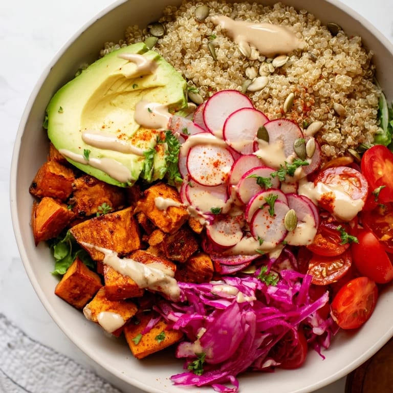A vibrant Complete Veggie Bowl featuring fluffy quinoa, colorful veggies, and a drizzle of tahini vinaigrette.
