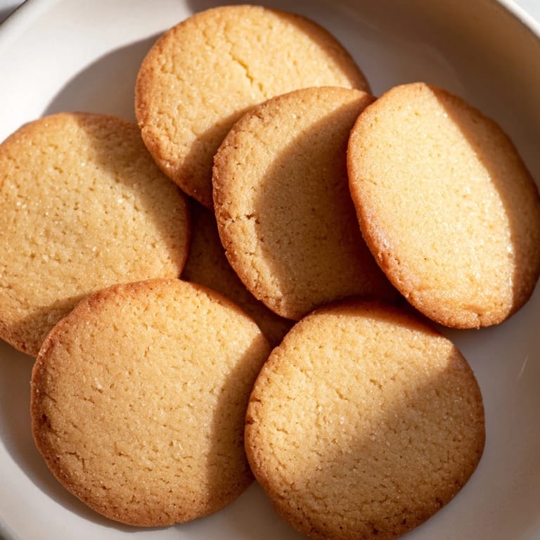 Close-up of freshly made Honey Butter Shortbread Cookies; slightly crisp edges are just turning golden brown.