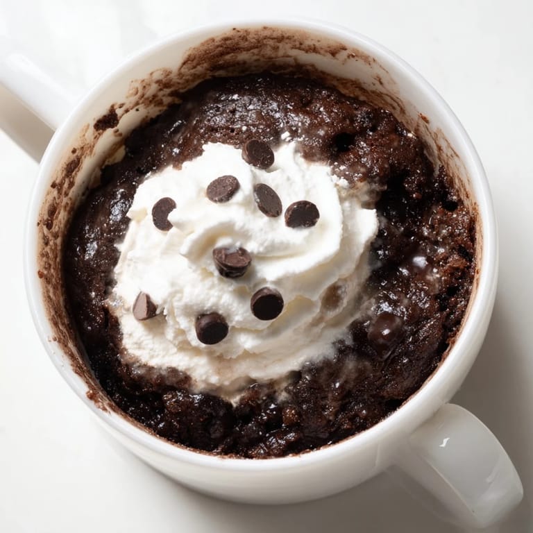 A close-up of a single-serving chocolate mug cake, perfect for a quick and easy treat.