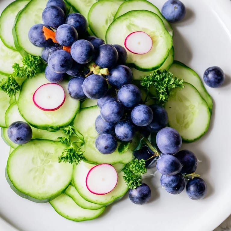Eye-catching Peacock Tail appetizer, featuring cucumbers arranged with grapes and radish, ready to be enjoyed.