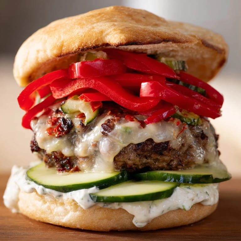 Close-up of a Fire & Ice Burger, featuring vibrant red peppers and a creamy yogurt drizzle.