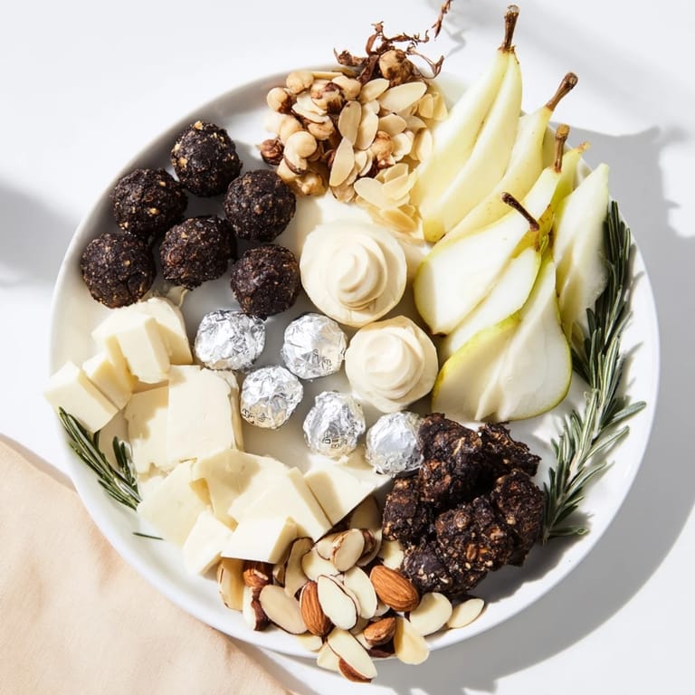 Delectable Silver Screen cheese board, with tempting truffle cheeses, crackers, and silver chocolate truffles displayed.