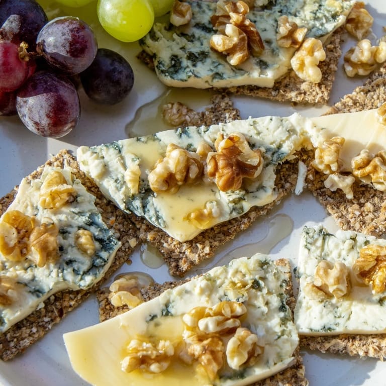 Artfully arranged blue cheeses become a delightful “Blue Ridge Mountains” cheese platter with honey and grapes.