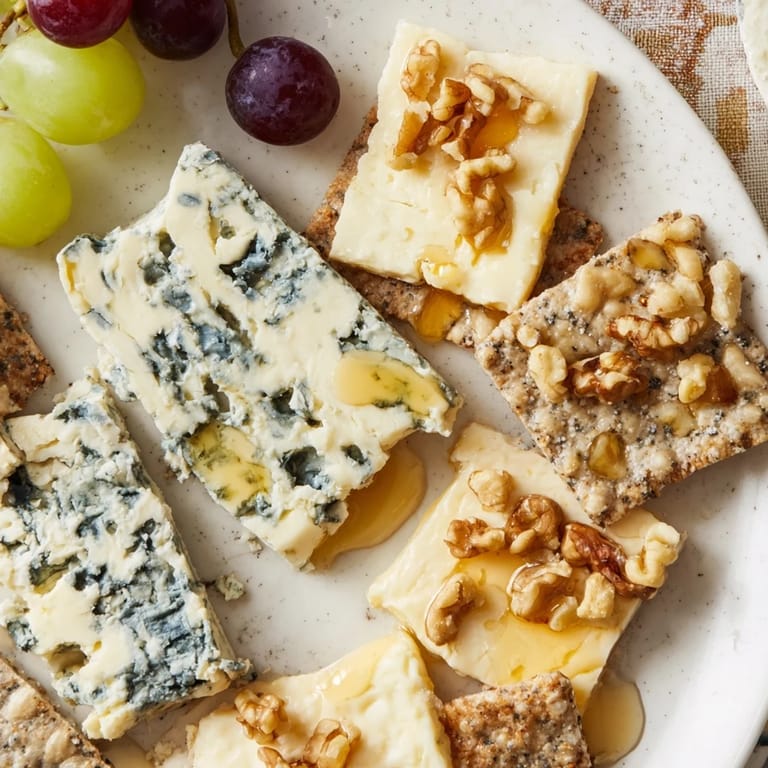 Elegantly served, this "Blue Ridge Mountains" cheese platter features various blue cheeses, crackers, and walnuts.