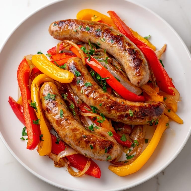 Sizzling Italian sausage with soft peppers and onions, a simple recipe, straight from the sheet pan.