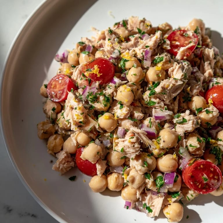 Flaky tuna and chunky chickpeas make this refreshing Dense Chickpea and Tuna Salad so delicious.