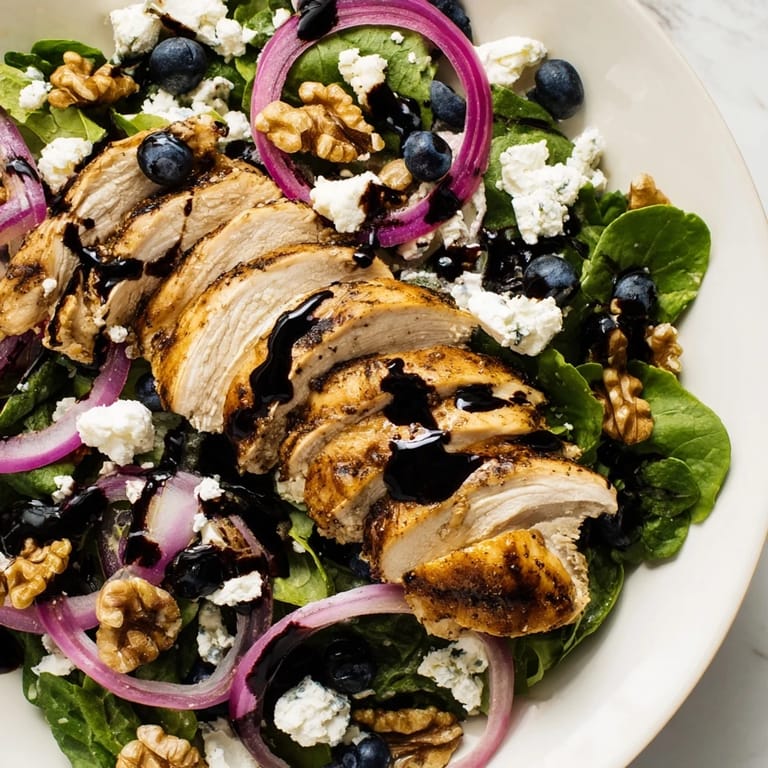 This Blueberry Goat Cheese Chicken Salad features juicy blueberries atop grilled chicken and crumbled goat cheese, ready to eat.