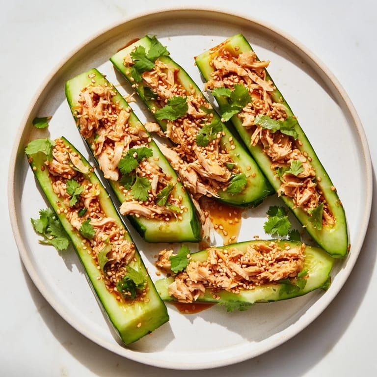Savory Whole Cucumber Logan Salad with shredded chicken, dressed in a flavorful sauce, ready to eat.