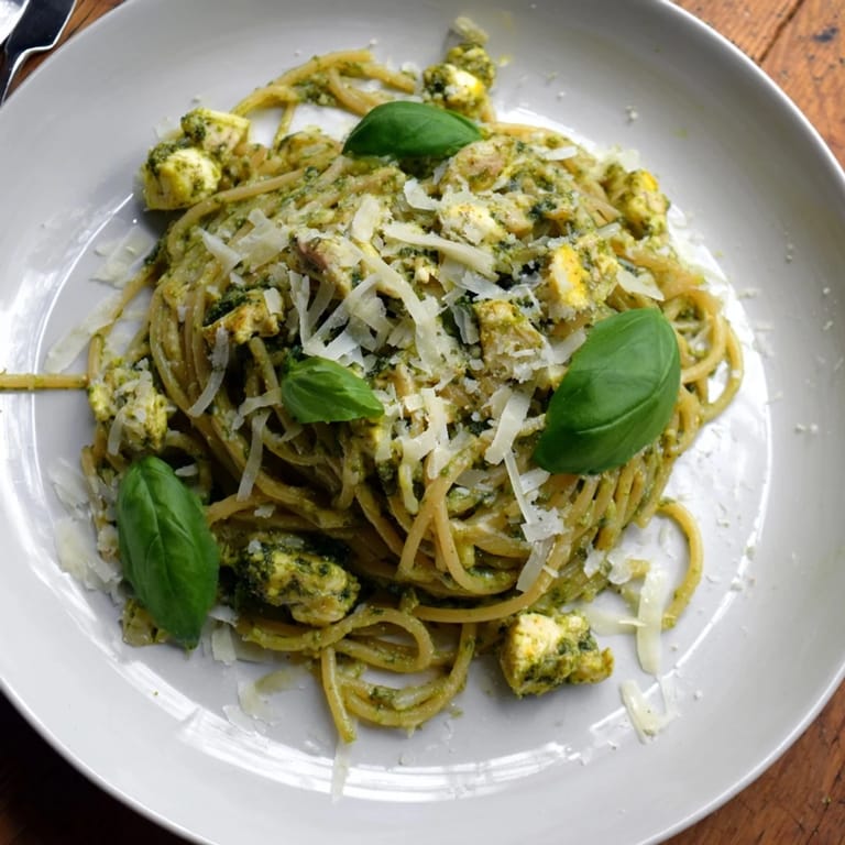 Savory Pesto Egg and Chicken Pasta, a flavorful dish with perfectly cooked chicken and creamy eggs.