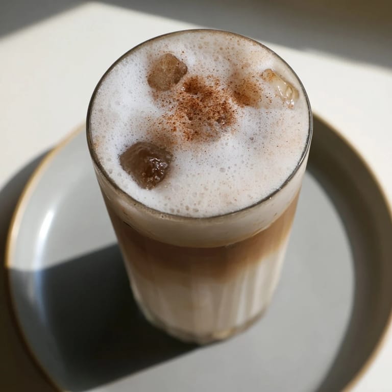 Frothy Iced Brown Sugar Oat Latte, swirled with brown sugar syrup, served in a clear iced glass.