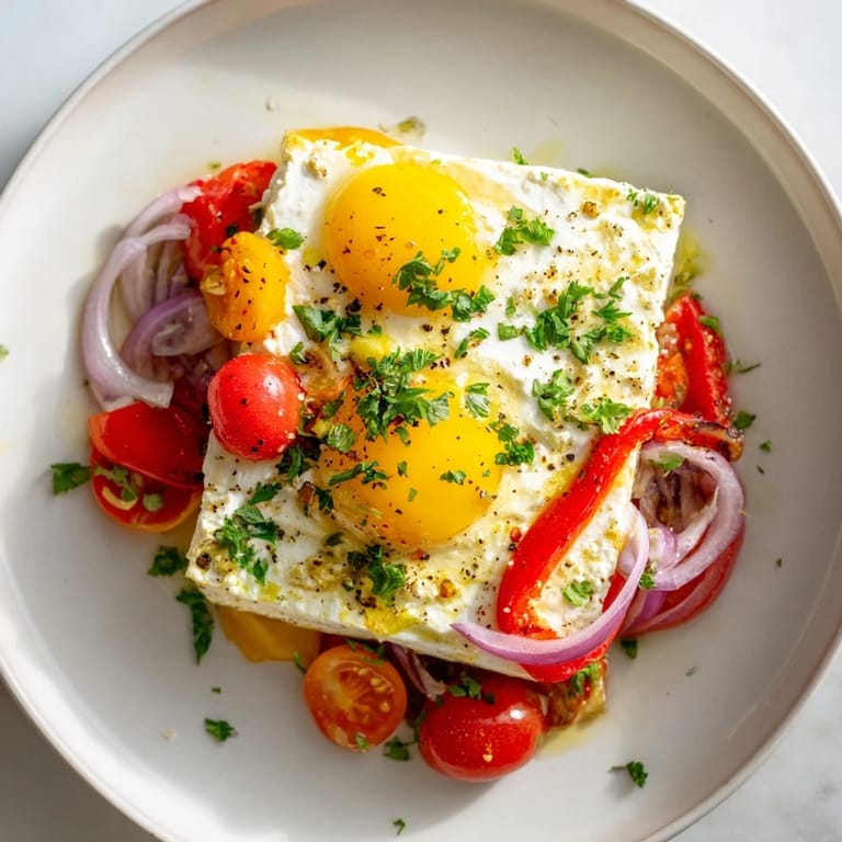 Mediterranean baked feta & eggs with a rich base, ready to scoop with crusty bread—an enticing brunch creation.