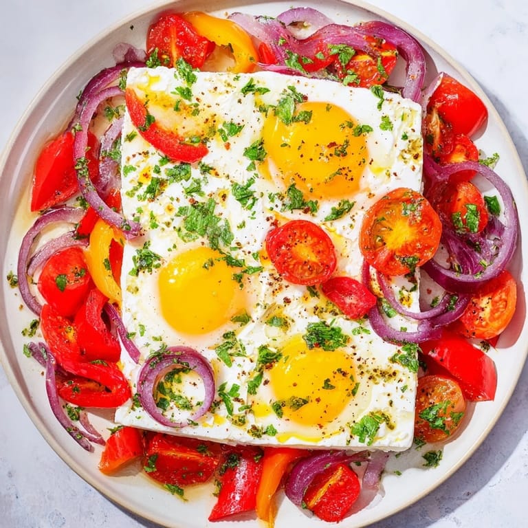Fragrant Mediterranean baked feta & eggs, baked to perfection with colorful vegetables and herbs, ready for serving.