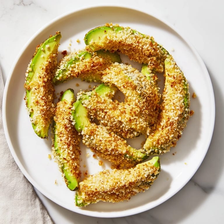 Close-up of golden baked avocado fries, showcasing the crunchy exterior and creamy center texture.