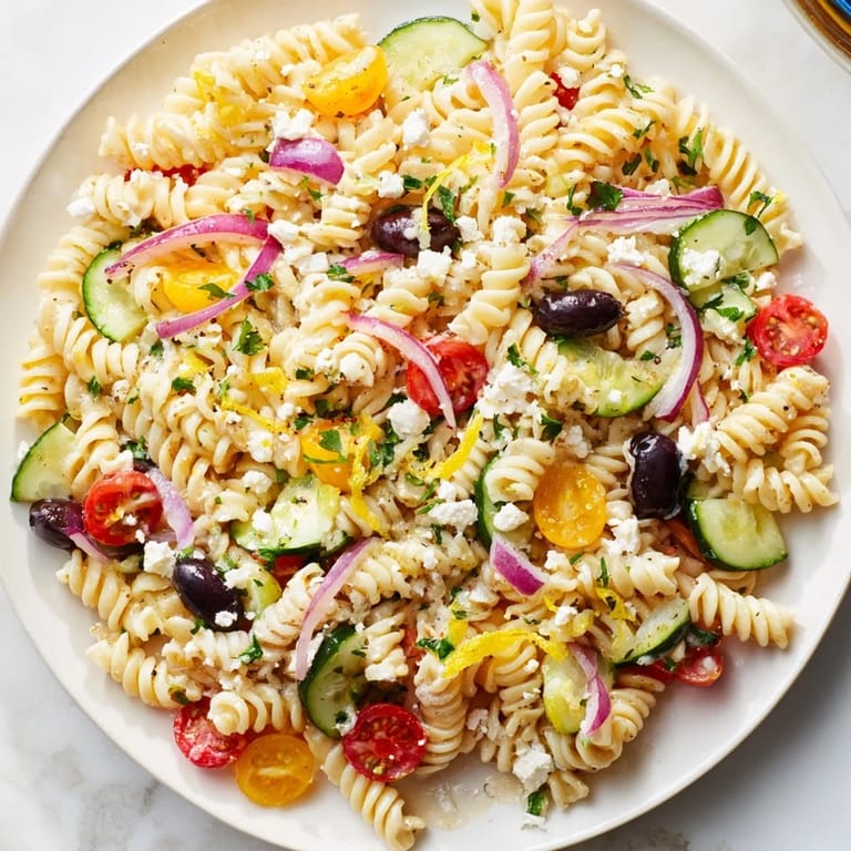 A large bowl of chilled lemon pasta salad, bursting with zesty flavor, ready to serve.