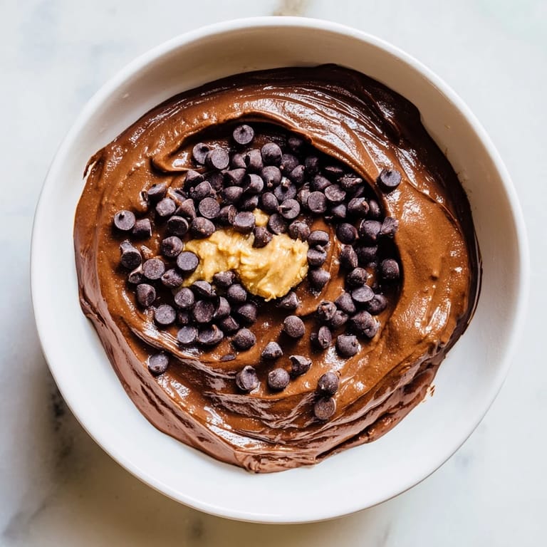 Vibrantly dark chocolate hummus in a serving bowl, perfectly paired with salty pretzel crisps and fruit.