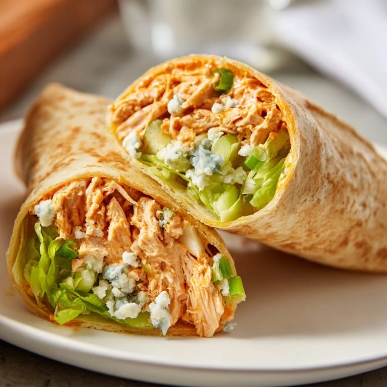 A close-up of a Buffalo Chicken Dip Wrap, showing tender chicken amidst a creamy filling.