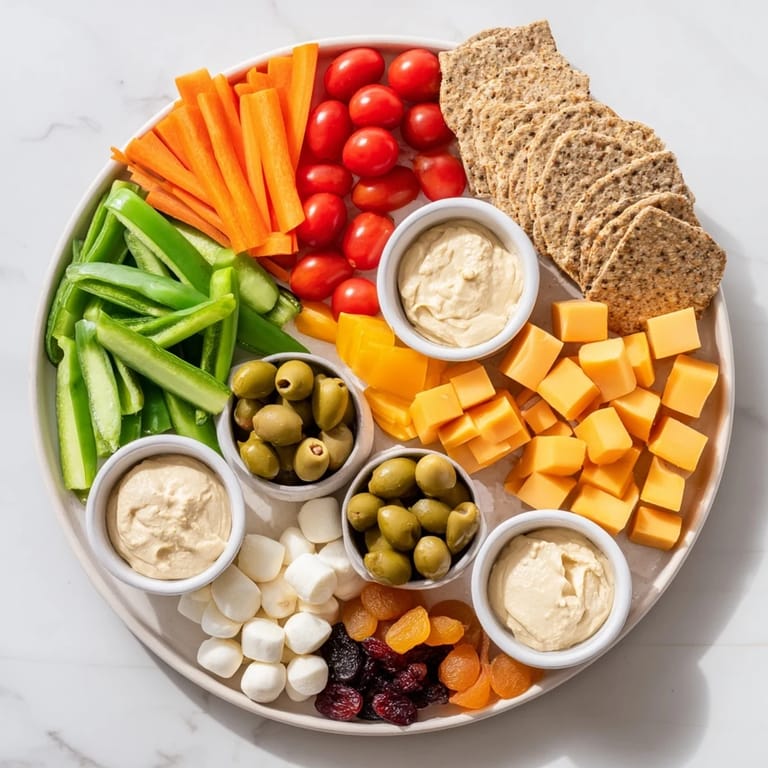 Adult Lunchable-style Veggie Snack Board featuring colorful bell peppers, carrots, and creamy hummus for lunch.