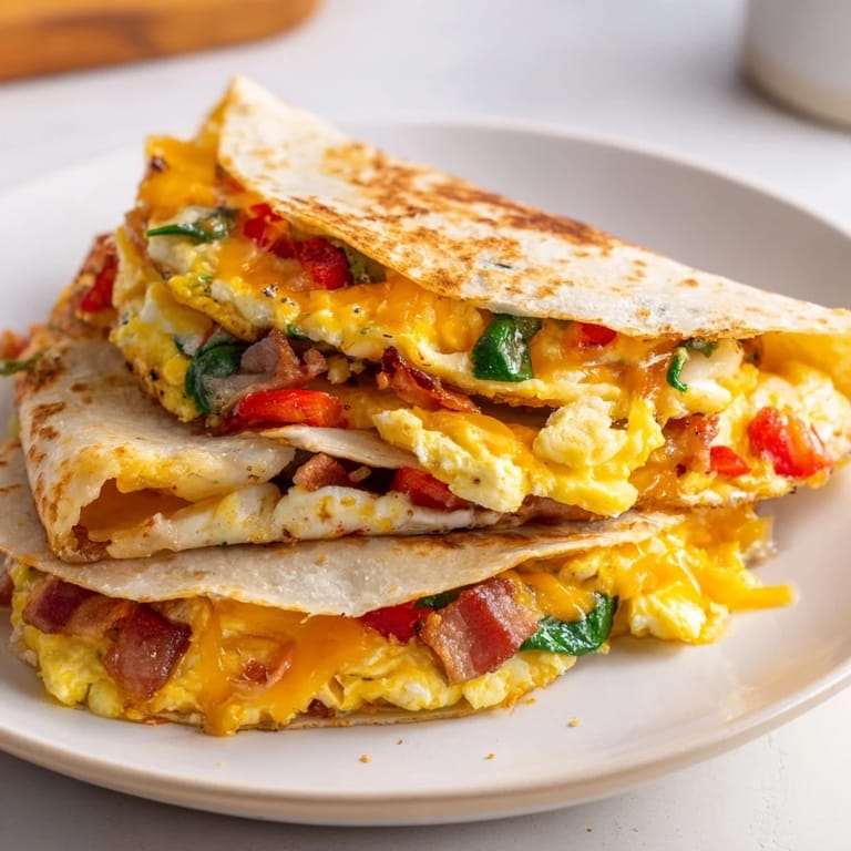 Melted cheese spills from this breakfast quesadilla hack, showcasing a delicious tortilla fold technique.