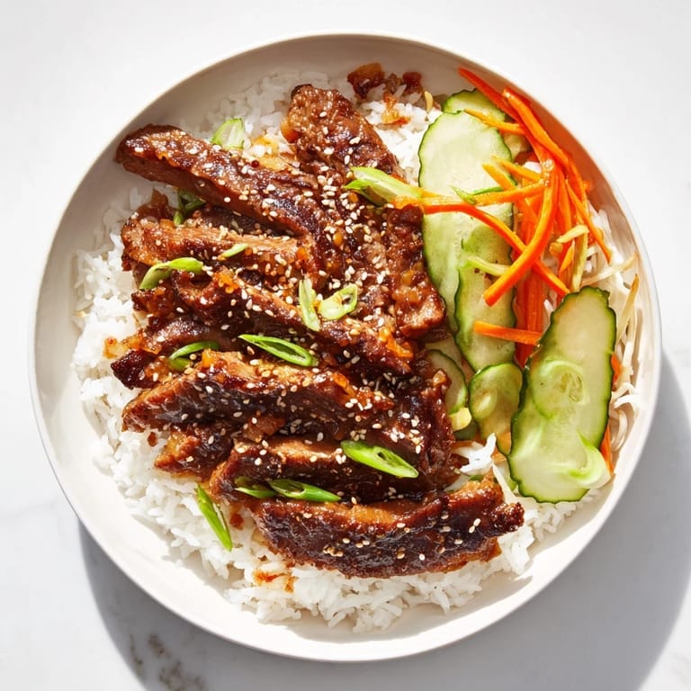 A steaming Bulgogi Beef Bowl showcases tender beef, served with vibrant veggie toppings and savory marinade.