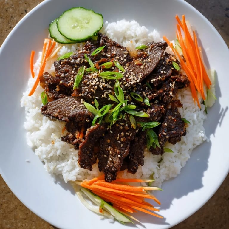 Sizzling Bulgogi Beef Bowl delivers a satisfying meal, featuring marinated beef and crunchy, fresh garnishes.