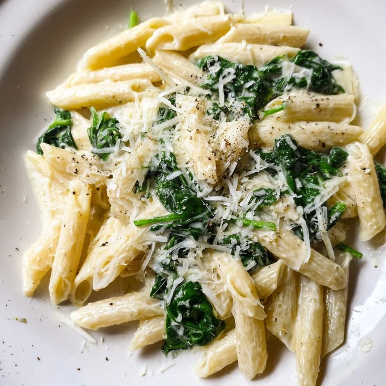 Freshly made creamy spinach pasta, garnished with Parmesan and pepper, perfect for vegetarians.
