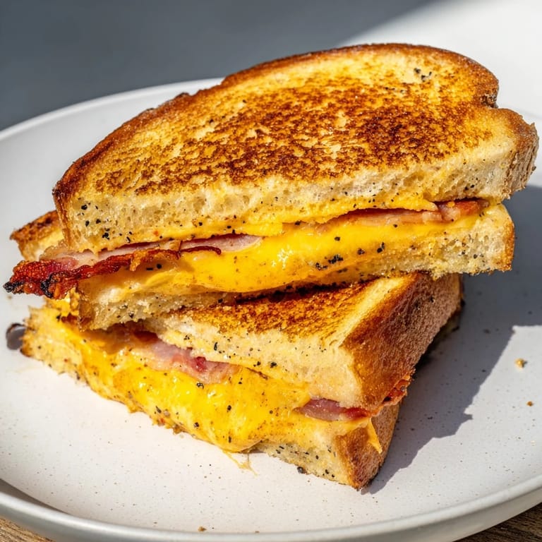 Golden-brown slices of Crispy Bacon Cheddar Grilled Cheese, a classic American comfort food perfect with tomato soup.