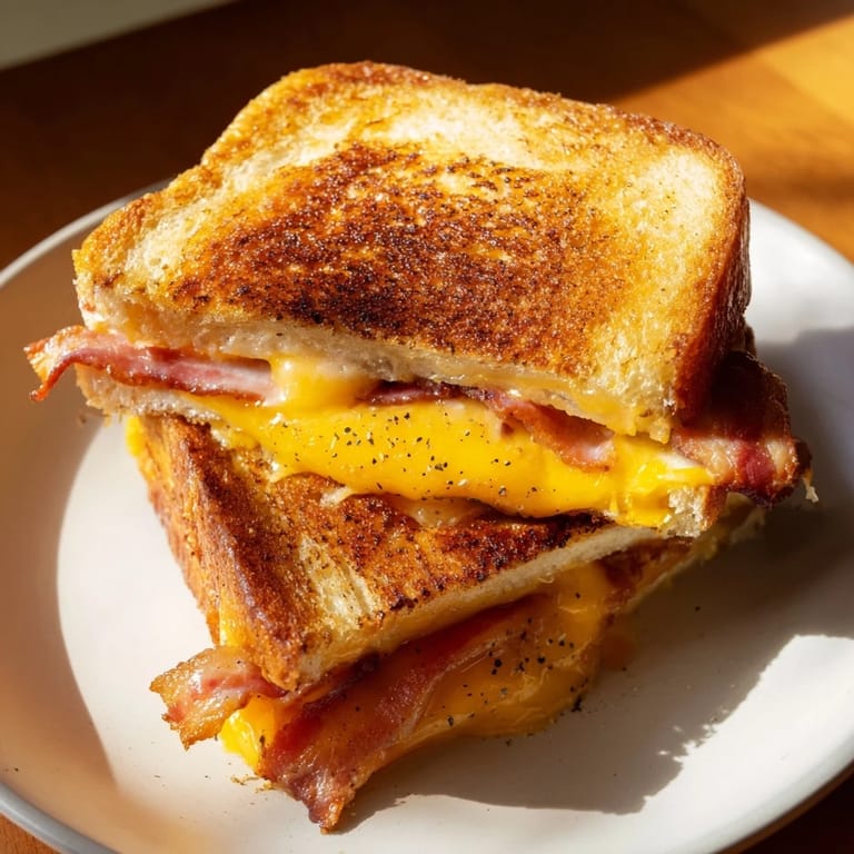 A close-up of a perfectly toasted Crispy Bacon Cheddar Grilled Cheese, showing the smoky bacon and melted cheddar.